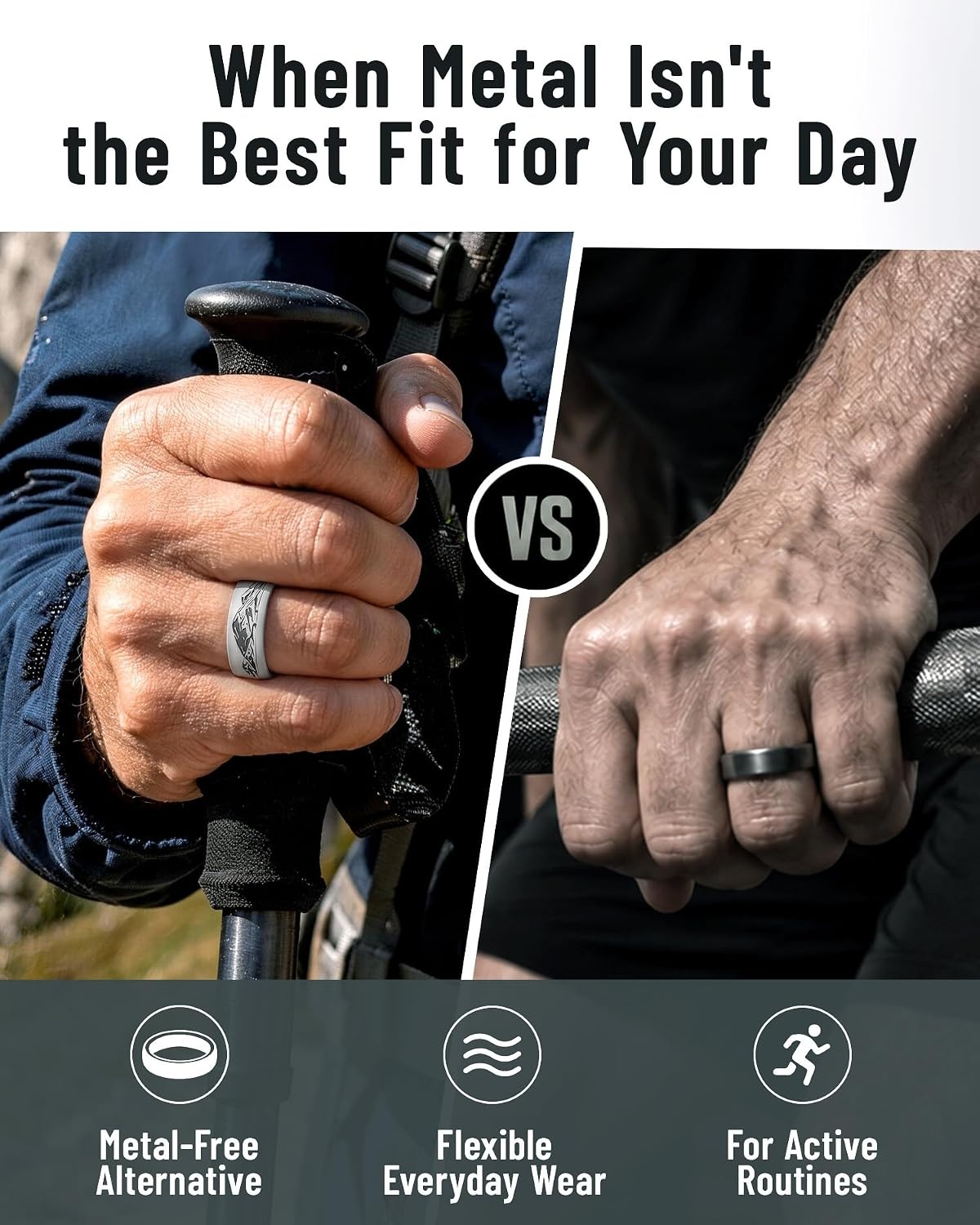 image:imageEgnaro Mens Etched Silicone Wedding Band 74mm Wide 21mm Thick Flexible DualTone Rubber Engagement Ring For Work Gym Travel amp Outdoor WearSETA Wild Peaks Light Gray Pine Green