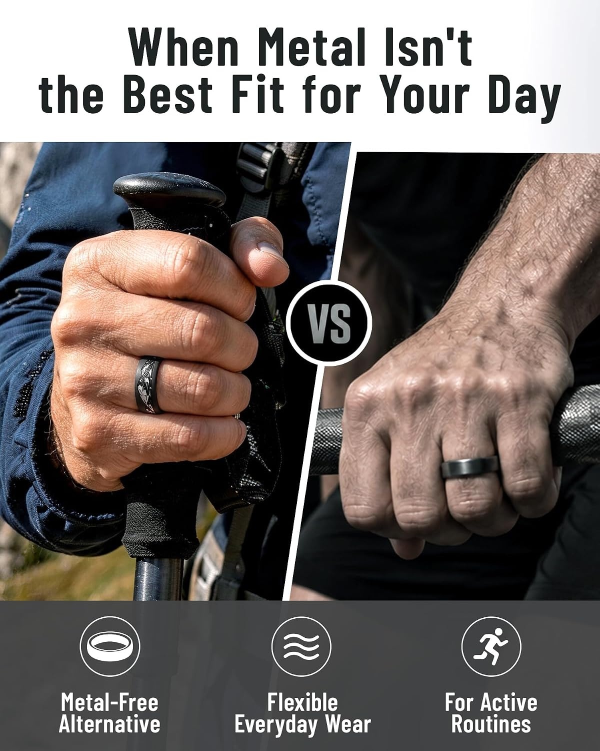 image:imageEgnaro Mens Etched Silicone Wedding Band 74mm Wide 21mm Thick Flexible DualTone Rubber Engagement Ring For Work Gym Travel amp Outdoor WearSETC Wild Peaks Black Light Gray