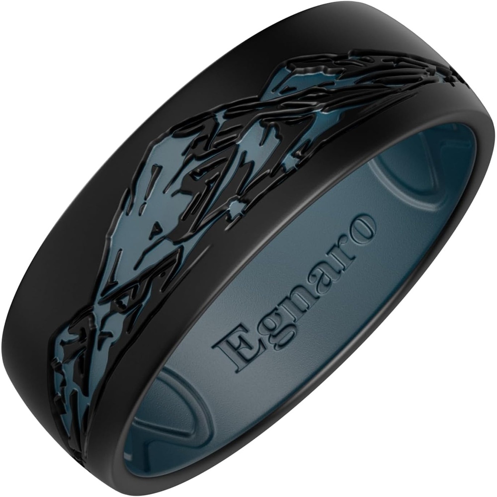 image:imageEgnaro Mens Etched Silicone Wedding Band 74mm Wide 21mm Thick Flexible DualTone Rubber Engagement Ring For Work Gym Travel amp Outdoor WearSETB Wild Peaks Black Navy Blue