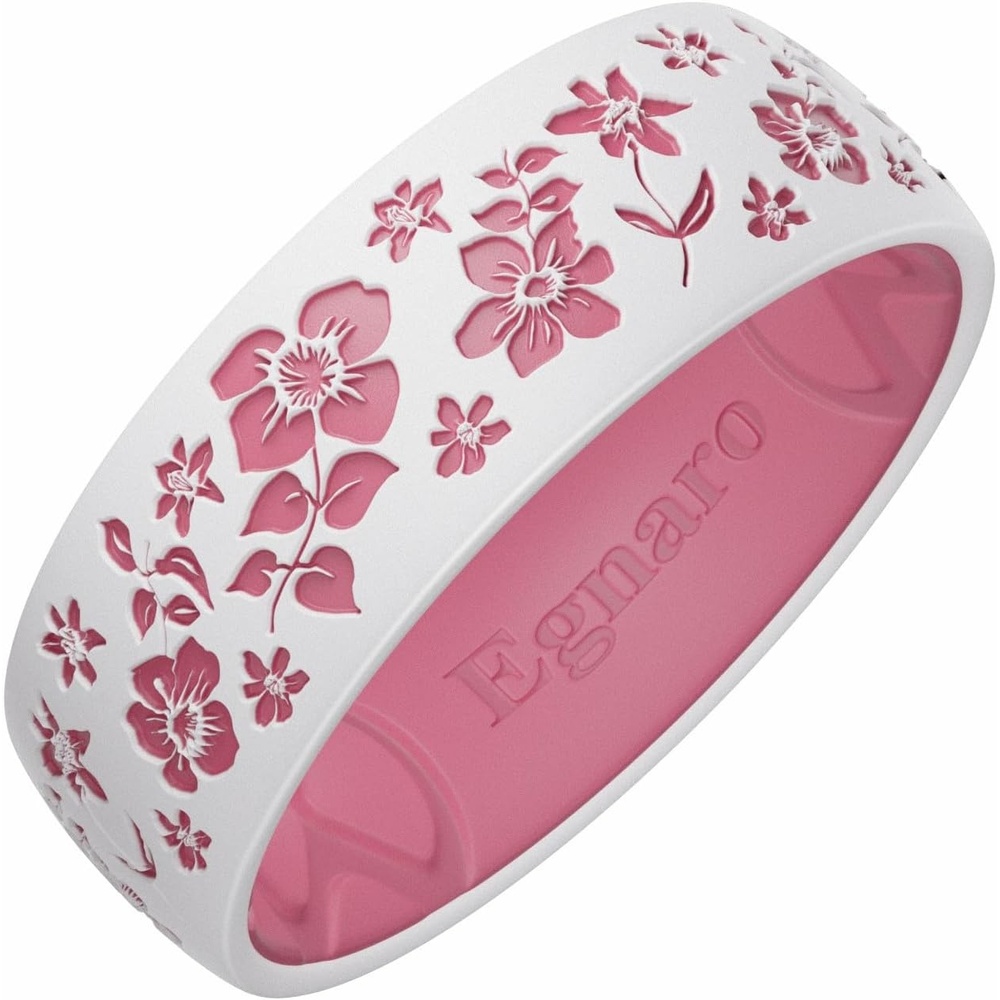 image:imageEgnaro Silicone Wedding Ring for Women Floral Engraved TwoTone Rubber Band with Breathable Inner XGrooves Hypoallergenic Engagement Ring for Her Waterproof for Workout Gym Swimming TravelSETC2 Apple Blossoms White Faint Red
