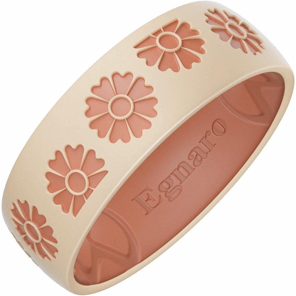 image:imageEgnaro Silicone Wedding Ring for Women Floral Engraved TwoTone Rubber Band with Breathable Inner XGrooves Hypoallergenic Engagement Ring for Her Waterproof for Workout Gym Swimming TravelSETB Sunflower Nude Orange