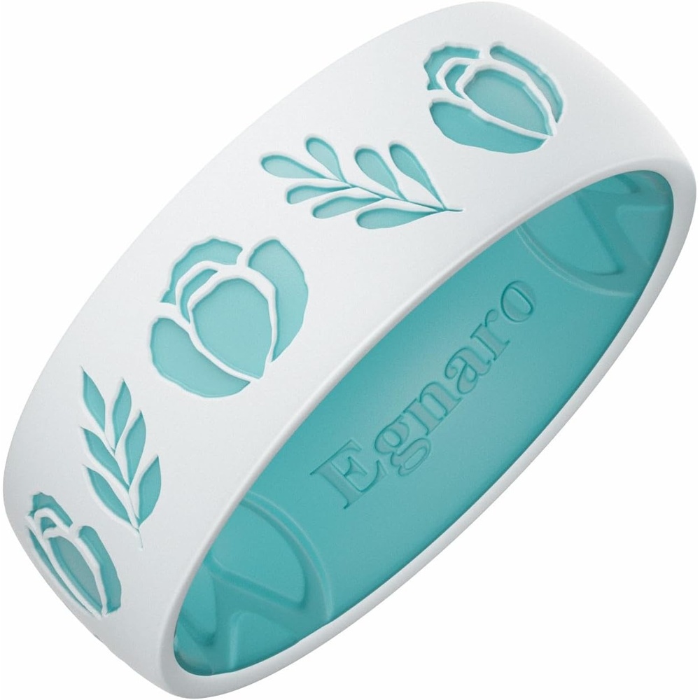 image:imageEgnaro Silicone Wedding Ring for Women  Floral Engraved TwoTone Rubber Band with Breathable Inner XGrooves  Hypoallergenic Engagement Ring for Her Waterproof for Workout Gym Swimming TravelSETA Rose Leaf  White  Lapis Blue