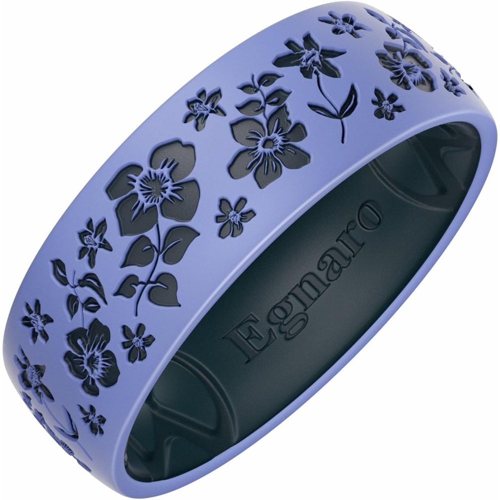 image:imageEgnaro Silicone Wedding Ring for Women Floral Engraved TwoTone Rubber Band with Breathable Inner XGrooves Hypoallergenic Engagement Ring for Her Waterproof for Workout Gym Swimming TravelSETC3 Apple Blossoms Light Purple Blue Dark Blue