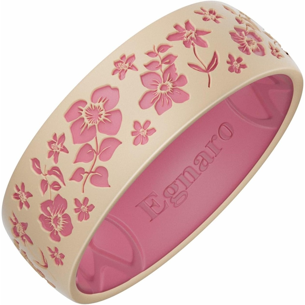 image:imageEgnaro Silicone Wedding Ring for Women Floral Engraved TwoTone Rubber Band with Breathable Inner XGrooves Hypoallergenic Engagement Ring for Her Waterproof for Workout Gym Swimming TravelSETC1 Apple Blossoms Nude Faint Red