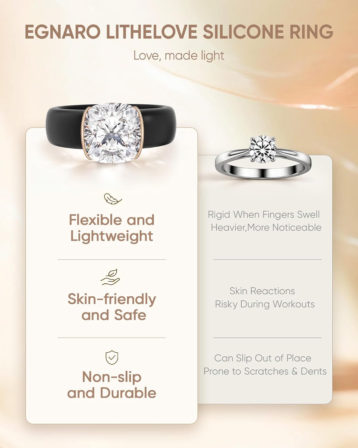 image:imageEgnaro Silicone Anniversary Ring with Stone Cushion Cut Cubic Zirconia Solitaire Ring for Women Flexible Rubber Wedding Band For Work Travel Daily Wear Patented DesignSETBBlack Rose Gold