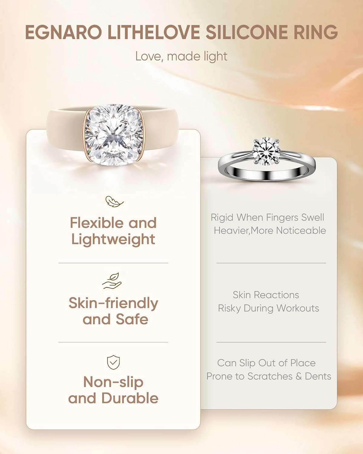 image:imageEgnaro Silicone Anniversary Ring with Stone Cushion Cut Cubic Zirconia Solitaire Ring for Women Flexible Rubber Wedding Band For Work Travel Daily Wear Patented DesignSETANude Rose Gold