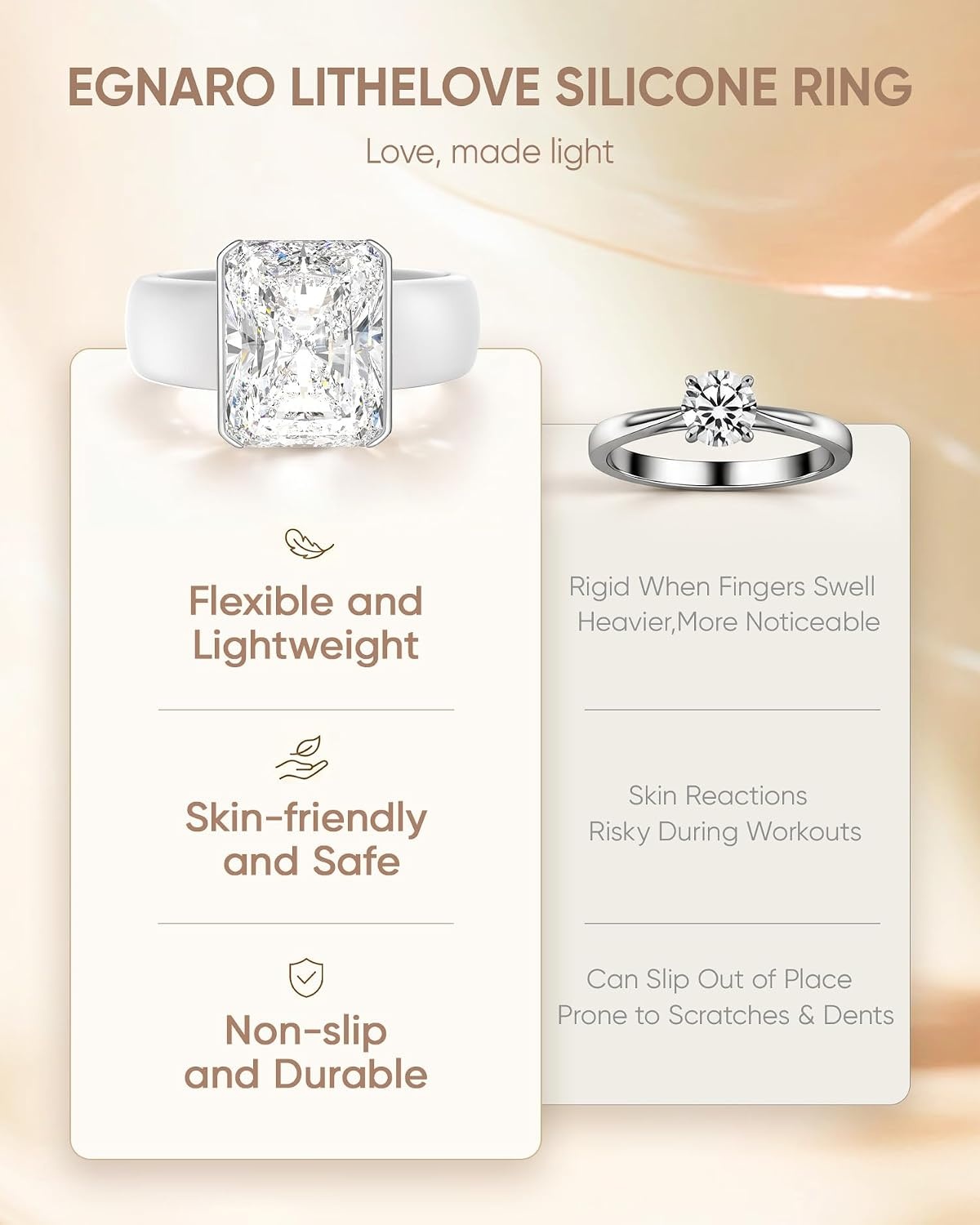 image:imageEgnaro Silicone Engagement Ring with Stone Radiant Cut Cubic Zirconia Solitaire Ring for Women Flexible Rubber Wedding Band For Work Travel Daily Wear Patented DesignSETCWhite Silver