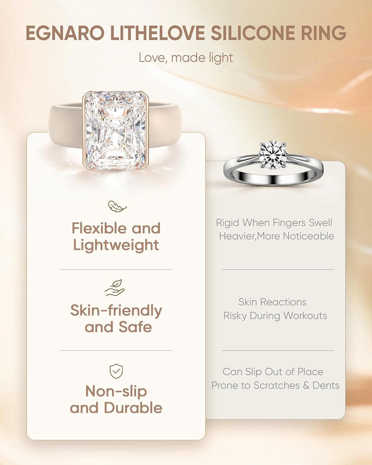 image:imageEgnaro Silicone Engagement Ring with Stone Radiant Cut Cubic Zirconia Solitaire Ring for Women Flexible Rubber Wedding Band For Work Travel Daily Wear Patented DesignSETANude Rose Gold