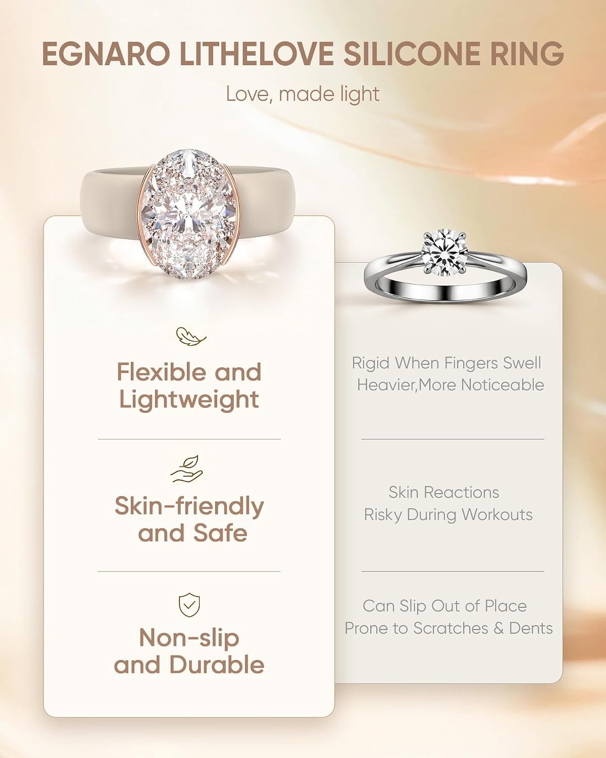 image:imageEgnaro Silicone Promise Ring with Stone Oval Cut Cubic Zirconia Solitaire Ring For Women Flexible Rubber Wedding Band With Gift Box For Work Travel Daily WearSETANude Rose Gold