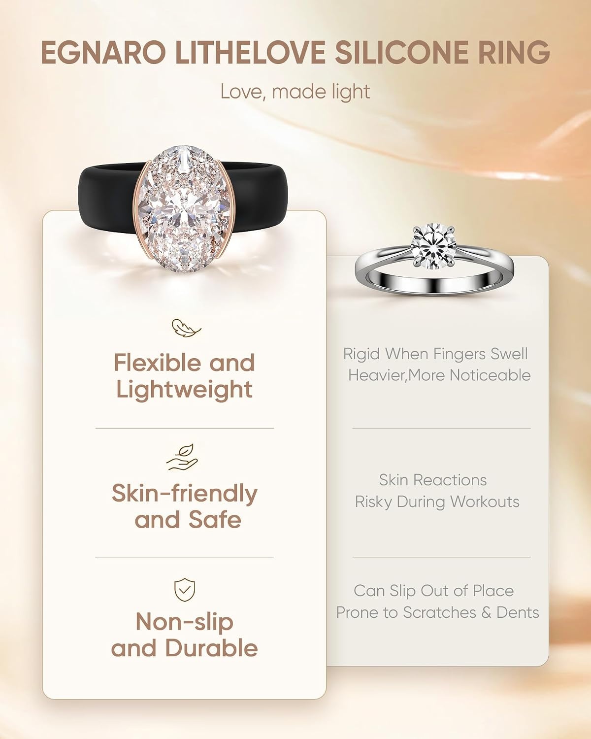 image:imageEgnaro Silicone Promise Ring with Stone Oval Cut Cubic Zirconia Solitaire Ring For Women Flexible Rubber Wedding Band With Gift Box For Work Travel Daily WearSETBBlack Rose Gold
