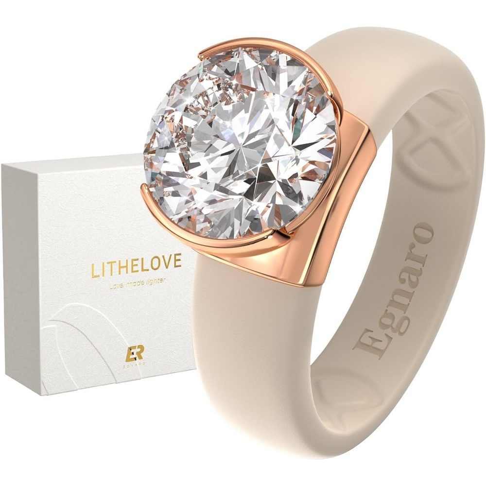 image:imageEgnaro Silicone Eternity Ring with Stone  Round Cut Cubic Zirconia Solitaire Ring for Women Flexible Rubber Wedding Band For Work Travel Daily Wear With Gift BoxSETANude  Rose Gold