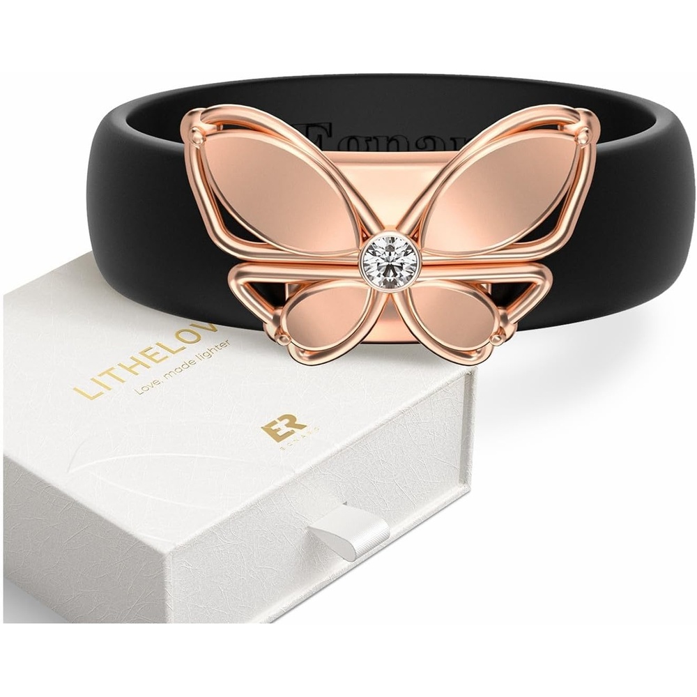 image:imageEgnaro Silicone Ring with Copper Alloy Butterfly Flexible Rubber Wedding Band Women Alternative to Traditional Metal Rings Ideal for Yoga Travel Work Daily Wear Gift for HerPACK B Black  Metal Butterfly  Rose Gold