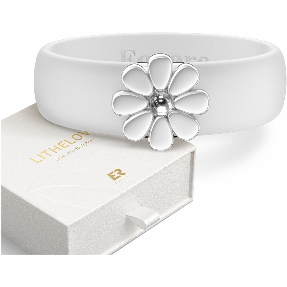 image:imageEgnaro Silicone Ring with Copper Alloy Daisy Flexible Rubber Wedding Band Women Alternative to Traditional Metal Rings Ideal for Yoga Travel Work Daily Wear Gift for HerPACK C White  Metal Daisy  Silver