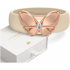 Egnaro Silicone Ring with Copper Alloy Butterfly, Flexible Rubber Wedding Band Women, Alternative to Traditional Metal Rings, Ideal for Yoga, Travel, Work, Daily Wear, Gift for Her(PACK A: Nude / Metal Butterfly – Rose Gold)