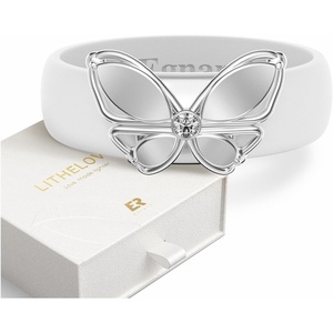 Egnaro Silicone Ring with Copper Alloy Butterfly, Flexible Rubber Wedding Band Women, Alternative to Traditional Metal Rings, Ideal for Yoga, Travel, Work, Daily Wear, Gift for Her(PACK C: White / Metal Butterfly – Silver)