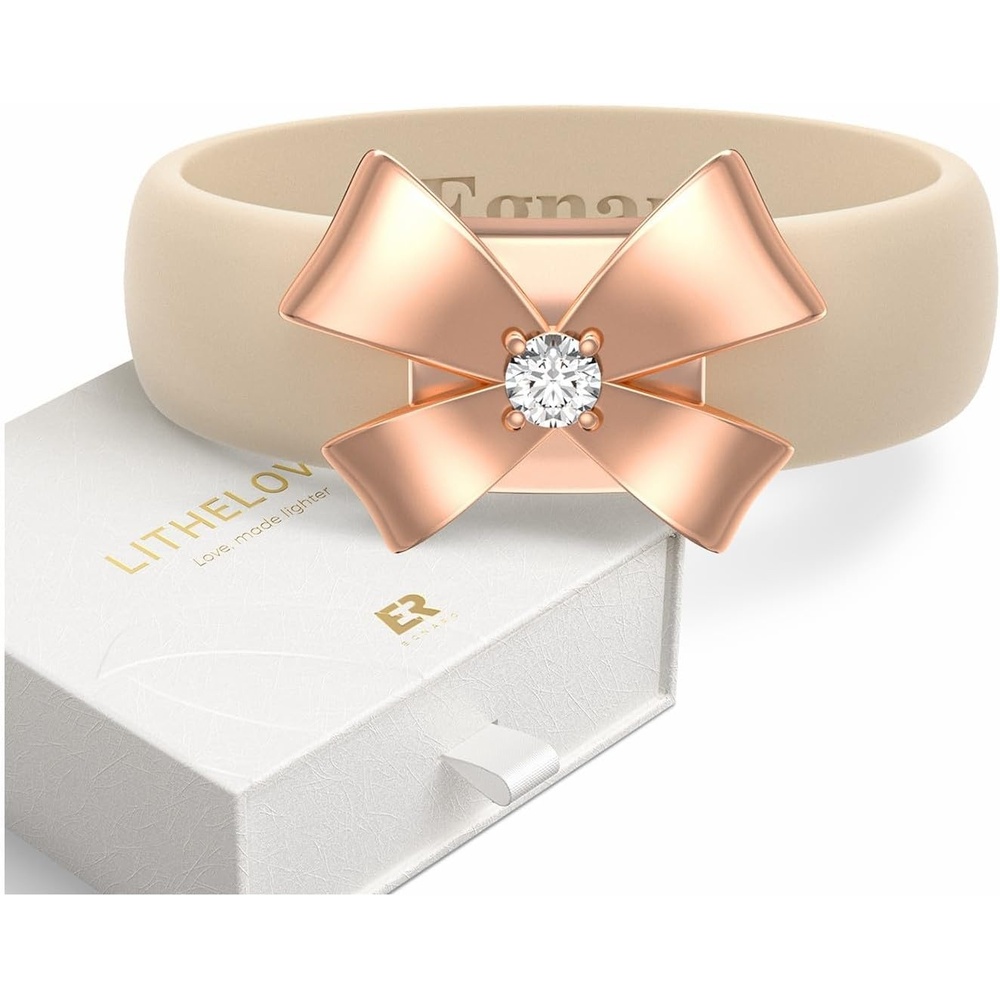 image:imageEgnaro Silicone Ring with Copper Alloy Bow Flexible Rubber Wedding Band for Women Alternative to Traditional Metal Rings Ideal for Yoga Travel Work Daily Wear Gift for HerPACK A Nude  Metal Bow  Rose Gold
