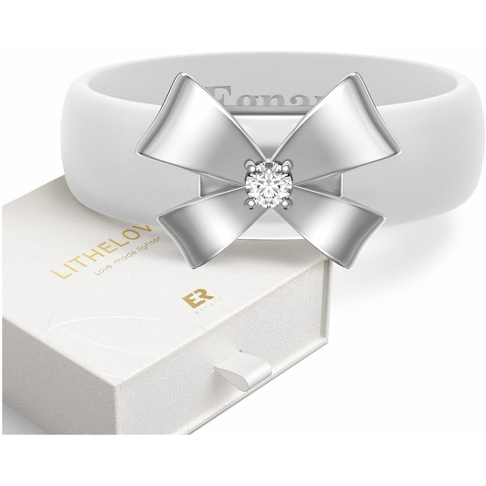 image:imageEgnaro Silicone Ring with Copper Alloy Bow Flexible Rubber Wedding Band for Women Alternative to Traditional Metal Rings Ideal for Yoga Travel Work Daily Wear Gift for HerPACK C White  Metal Bow  Silver