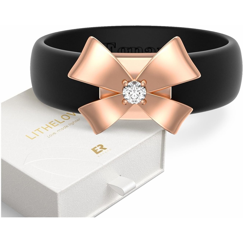 image:imageEgnaro Silicone Ring with Copper Alloy Bow Flexible Rubber Wedding Band for Women Alternative to Traditional Metal Rings Ideal for Yoga Travel Work Daily Wear Gift for HerPACK B Black  Metal Bow  Rose Gold