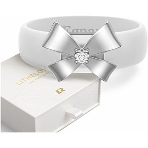 Egnaro Silicone Ring with Copper Alloy Bow, Flexible Rubber Wedding Band for Women, Alternative to Traditional Metal Rings, Ideal for Yoga, Travel, Work, Daily Wear, Gift for Her(PACK C: White / Metal Bow – Silver)